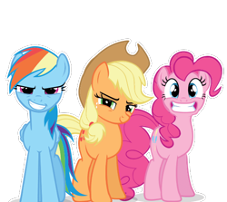 Size: 555x495 | Tagged: artist needed, safe, applejack, pinkie pie, rainbow dash, earth pony, pegasus, pony, g4, official, applejack's hat, cowboy hat, female, gritted teeth, hat, looking at you, simple background, teeth, transparent background, trio, trio female, vector, white outline