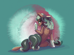 Size: 2048x1536 | Tagged: safe, artist:alrumoon_art, oc, oc only, earth pony, pony, abstract background, backwards ballcap, baseball cap, cap, chest fluff, converse, hat, looking at you, shoes, smiling, solo, tentacles