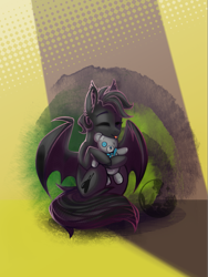 Size: 1537x2048 | Tagged: safe, artist:alrumoon_art, oc, oc only, oc:tar puddle, bat pony, pony, abstract background, eyes closed, happy, smiling, solo, spread wings, teddy bear, tongue out, wings