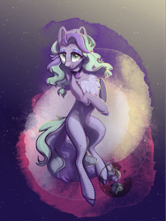 Size: 1537x2048 | Tagged: safe, artist:alrumoon_art, oc, oc only, oc:jade wimagi, earth pony, pony, abstract background, chest fluff, choker, lidded eyes, looking at you, smiling, solo