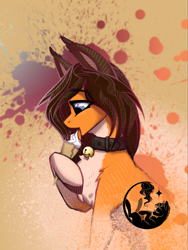 Size: 1537x2048 | Tagged: safe, artist:alrumoon_art, oc, oc only, oc:foxy, earth pony, pony, abstract background, bell, bell collar, collar, food, ice cream, solo
