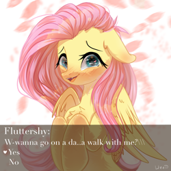 Size: 2048x2048 | Tagged: safe, artist:maybeweed, fluttershy, pegasus, pony, g4, blushing, bronybait, chest fluff, cute, daaaaaaaaaaaw, dialogue, female, floppy ears, heart, heart eyes, high res, looking at you, mare, open mouth, shy, shyabetes, solo, talking to viewer, visual novel, wingding eyes