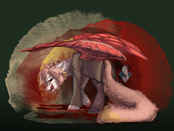 Size: 2048x1536 | Tagged: safe, artist:alrumoon_art, oc, oc only, oc:alexander fox, pegasus, pony, abstract background, blood, clothes, floppy ears, jacket, looking at you, looking back, pants, smiling, solo, spread wings, suit, wings