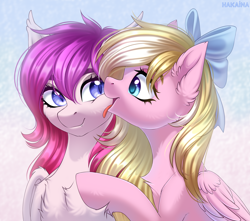 Size: 2500x2205 | Tagged: safe, artist:hakaina, oc, oc only, oc:bay breeze, oc:candy bat, bat pony, pegasus, pony, bat pony oc, bow, chest fluff, cute, duo, ear fluff, female, fluffy, hair bow, high res, licking, licking cheeks, looking at each other, mare, ocbetes, pegasus oc, simple background, tongue out