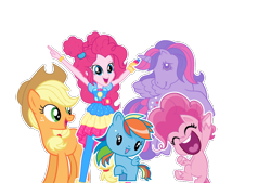 Size: 960x650 | Tagged: artist needed, safe, applejack, pinkie pie, rainbow dash, twilight sparkle, alicorn, earth pony, human, pegasus, pony, equestria girls, g1, g4, g4.5, my little pony equestria girls: better together, my little pony: pony life, official, applejack's hat, cowboy hat, cutie mark crew, eyes closed, g4 to g1, generation leap, hat, music festival outfit, open mouth, simple background, toy, transparent background, twilight sparkle (alicorn), vector, white background