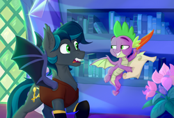 Size: 3300x2250 | Tagged: safe, artist:rutkotka, spike, oc, oc:spark gap, bat pony, dragon, pony, fanfic:fine print, g4, bat pony oc, bat wings, clothes, feather, flower, flying, high res, library, male, parchment, quill, scroll, smug, stallion, surprised, twilight's castle, winged spike, wings