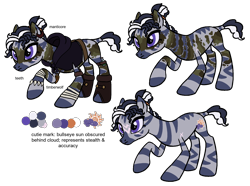 Size: 1800x1338 | Tagged: safe, artist:flipwix, oc, oc only, oc:wyld snare, pony, zebra, belt, boots, bracelet, camouflage, cloak, clothes, dirt, dungeons and dragons, ear piercing, earring, eye scar, fantasy class, female, hood, jewelry, mud, necklace, pen and paper rpg, piercing, pouch, raised hoof, reference sheet, rogue, rpg, scar, shoes, simple background, solo, tape, teeth, tooth, transparent background, wrist tape, wrist wraps, zebra oc