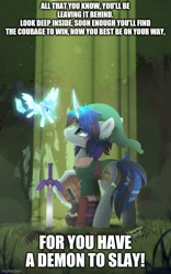Size: 500x800 | Tagged: safe, artist:liquorice_sweet, edit, oc, fairy, fairy pony, original species, pegasus, pony, unicorn, caption, clothes, crossover, duo, eye clipping through hair, fairy wings, forest, forest background, hat, hey listen, horn, image macro, link, looking at each other, magic, male, master sword, natewantstobattle, nathan sharp, navi, nintendo, pegasus oc, shield, song reference, spread wings, stallion, sword, text, the legend of zelda, the legend of zelda: ocarina of time, unicorn oc, weapon, wings
