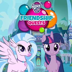 Size: 327x327 | Tagged: safe, silverstream, twilight sparkle, alicorn, hippogriff, pony, friendship quests, g4, official, app icon, duo, female, flash game, logo, looking at you, mare, my little pony logo, school of friendship, twilight sparkle (alicorn)