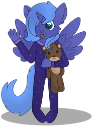 Size: 1024x1326 | Tagged: safe, artist:skyflys, princess luna, alicorn, anthro, g4, clothes, cute, female, filly, filly luna, footed sleeper, footie pajamas, onesie, pajamas, teddy bear, younger