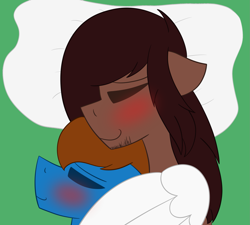 Size: 1999x1799 | Tagged: safe, artist:derpy_the_duck, oc, oc:derp, oc:vlad, earth pony, pony, angelic wings, bed, blushing, cuddling, eyes closed, gay, hugging a pony, male, pillow, wing hold, wings