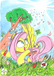 Size: 1600x2224 | Tagged: safe, artist:starpaintart, fluttershy, bird, butterfly, insect, ladybug, pegasus, pony, g4, crepuscular rays, female, flower, flower petals, grass, heart eyes, looking up, lying down, mare, open mouth, outdoors, perspective, petals, prone, smiling, solo, spread wings, sun, swing, traditional art, tree, turned head, wingding eyes, wings