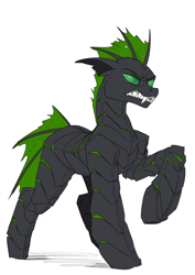 Size: 2480x3508 | Tagged: safe, artist:underpable, oc, oc only, oc:villainshima, changeling, armor, colored, commission, exoskeleton, fangs, green changeling, high res, holeless, sharp teeth, simple background, sketch, solo, teeth, white background