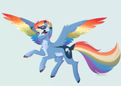 Size: 2114x1500 | Tagged: safe, artist:nyota71, rainbow dash, pegasus, pony, g4, alternate hairstyle, bald face, bat ears, blaze (coat marking), chest fluff, coat markings, colored hooves, colored pupils, colored wings, ear fluff, facial markings, feathered fetlocks, flying, goggles, gradient wings, looking at you, markings, multicolored hair, multicolored wings, pale belly, rainbow wings, redesign, sharp teeth, short hair, solo, teeth, wings