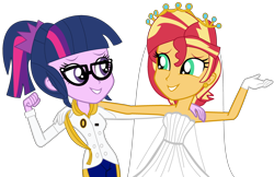 Size: 3452x2234 | Tagged: safe, artist:jadeharmony, sci-twi, sunset shimmer, twilight sparkle, fanfic:sunset shimmer discovers her feet, equestria girls, g4, clothes, crossover, crown, cute, dress, fanfic art, female, glasses, happily ever after, happy, high res, jewelry, lesbian, marriage, regalia, romance, shimmerbetes, ship:sci-twishimmer, ship:sunsetsparkle, shipping, sleeveless, smiling, the little mermaid, wedding, wedding dress