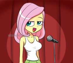 Size: 1750x1500 | Tagged: safe, artist:handgunboi, fluttershy, equestria girls, g4, bedroom eyes, breasts, busty fluttershy, cleavage, clothes, female, lidded eyes, microphone, open mouth, sleeveless, solo, tank top