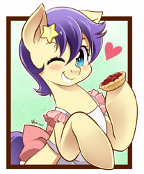 Size: 4840x5856 | Tagged: safe, artist:nekoshiei, star dancer, earth pony, pony, g4, my little pony: the manga, absurd resolution, apron, baking, clothes, female, food, mare, one eye closed, pie, signature, smiling, solo, stars, wink