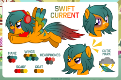 Size: 1200x798 | Tagged: safe, artist:jennieoo, oc, oc only, oc:swift current, pegasus, pony, bruised, flying, headphones, pegasus oc, reference sheet, shiner, show accurate, smug, solo, vector