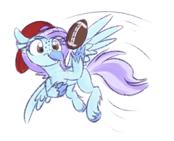 Size: 1545x1256 | Tagged: safe, artist:lbrcloud, oc, oc only, oc:ocean breeze, oc:ocean breeze (savygriffs), classical hippogriff, hippogriff, american football, backwards ballcap, baseball cap, cap, catching, claws, flying, hat, hippogriff oc, kansas city chiefs, solo, sports, spread wings, wings