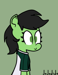 Size: 1000x1280 | Tagged: safe, artist:jojodidu, oc, oc only, oc:filly anon, earth pony, pony, bolivia, clothes, female, filly, football, green background, green eyes, oriente petrolero, shirt, simple background, smiling, solo, sports