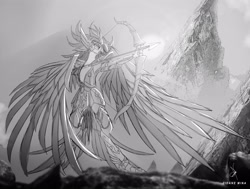 Size: 3185x2412 | Tagged: safe, artist:zidanemina, captain celaeno, avian, g4, my little pony: the movie, archery, black and white, bow (weapon), crossover, gold saint, grayscale, high res, monochrome, sagittarius, saint seiya, solo