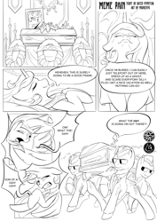 Size: 2480x3508 | Tagged: safe, artist:madgehog, princess celestia, alicorn, pony, g4, astronomia, coffin dance, comic, dancing, eyes closed, fake death, high res, meme, monochrome, open mouth, ponified