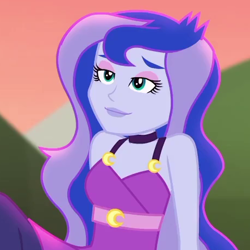 Size: 460x460 | Tagged: safe, screencap, princess luna, vice principal luna, equestria girls, equestria girls series, g4, the road less scheduled, the road less scheduled: celestia, spoiler:eqg series (season 2), bedroom eyes, choker, clothes, cropped, cutie mark on clothes, dress, eyeshadow, female, grin, lipstick, makeup, sleeveless, smiling, solo, waistband