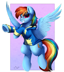 Size: 4000x4509 | Tagged: safe, artist:pridark, rainbow dash, pegasus, pony, g4, absurd resolution, clothes, cutie mark, female, flying, hoodie, implied twilight sparkle, looking at you, mare, purple eyes, signature, simple background, smiling, solo