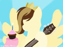Size: 1024x768 | Tagged: safe, artist:rockhoppr3, pinkie pie, oc, oc only, oc:prince whateverer, earth pony, pegasus, pony, candle, crown, cupcake, food, guitar, hoof hold, jewelry, musical instrument, regalia, silhouette, solo, spread wings, wings