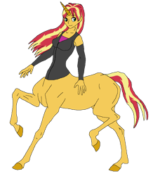 Size: 754x866 | Tagged: safe, alternate version, artist:cdproductions66, artist:nypd, sunset shimmer, centaur, monster girl, equestria girls, g4, base used, breasts, busty sunset shimmer, centaur sunset, centaurified, clothes, detached sleeves, female, hooves, horn, human head, long hair, missing cutie mark, raised hooves, reasonably sized breasts, red hair, shirt, simple background, solo, transparent background, turquoise eyes, two toned hair, two toned tail, undershirt, unicorn horn, unitaur, vest