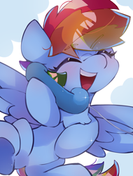 Size: 1926x2532 | Tagged: safe, artist:lexiedraw, rainbow dash, pegasus, pony, blushing, chest fluff, cute, dashabetes, eyebrows, eyebrows visible through hair, eyes closed, female, high res, mare, phone, simple background, solo, spread wings, underhoof, wings