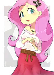Size: 1379x1891 | Tagged: safe, artist:fuyugi, fluttershy, equestria girls, g4, blushing, clothes, cute, digital art, dress, eyelashes, fangs, female, flesh fang, jewelry, light skin, long hair, looking at you, looking forward, necklace, open mouth, pink hair, ribbon, shyabetes, signature, solo, standing, white pupils
