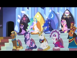 Size: 500x375 | Tagged: safe, screencap, amira, duchess of maretonia, haakim, neighbuchadnezzar, prince blueblood, princess cadance, princess celestia, princess luna, twilight sparkle, alicorn, pony, unicorn, equestria games (episode), g4, season 4, female, hub logo, male, mare, meme, sitting, stallion, television logo joke, throne, twilight sparkle (alicorn)