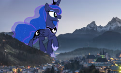Size: 4500x2700 | Tagged: safe, artist:dashiesparkle edit, artist:theotterpony, princess luna, alicorn, pony, g4, city, female, giant pony, giantess, grin, high res, highrise ponies, irl, macro, mare, mountain, photo, ponies in real life, raised hoof, smiling, solo, story included