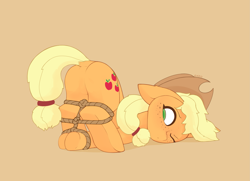 Size: 2621x1900 | Tagged: safe, artist:enzodoesart, applejack, earth pony, pony, g4, applebutt, beige background, bondage, butt, dock, face down ass up, featureless crotch, female, high res, hogtied, looking back, mare, one eye closed, plot, rope, rope bondage, simple background, solo