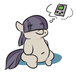 Size: 349x328 | Tagged: safe, artist:jargon scott, oc, oc only, oc:dot matrix, earth pony, pony, belly button, chubby, eyebrows, eyebrows visible through hair, female, game boy, hair over eyes, mare, mole, sitting, solo, thought bubble