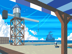 Size: 800x600 | Tagged: safe, artist:rangelost, oc, oc only, oc:snap (rangelost), pony, cyoa:d20 pony, cloud, outdoors, pier, pixel art, port, seadog, ship, sky