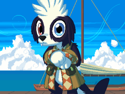 Size: 800x600 | Tagged: safe, artist:rangelost, oc, oc only, oc:snap (rangelost), hybrid, original species, cyoa:d20 pony, cloud, heterochromia, looking at you, ocean, outdoors, pixel art, port, seadog, sky, solo