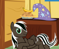 Size: 1280x1076 | Tagged: safe, artist:spectty, oc, oc:spectty, pegasus, pony, ask, banana, caption, clothes, draw me like one of your french girls, food, hat, image macro, looking at you, lying, lying down, lying on the ground, pegasus oc, pie, smiling, striped tail, text, trixie's hat, tumblr, two toned mane