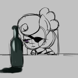 Size: 3000x3000 | Tagged: safe, artist:menalia, oc, oc only, oc:shiru, pegasus, pony, bottle, chair, clothes, eyepatch, high res, hoodie, implied pegasus, sad, sitting, sketch, solo, table, unfinished art, wine bottle