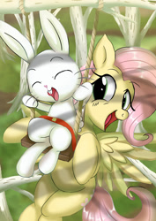 Size: 1024x1449 | Tagged: safe, artist:neoshrek, angel bunny, fluttershy, pegasus, pony, rabbit, g4, angelbetes, animal, cute, eyes closed, open mouth, open smile, playing, shyabetes, smiling, swing