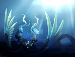 Size: 1280x960 | Tagged: safe, artist:katiefrog217, oc, oc only, fish, pegasus, pony, bubble, crepuscular rays, deviantart watermark, flowing mane, large wings, obtrusive watermark, ocean, signature, solo, sunlight, underwater, water, watermark, wings