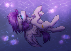 Size: 2366x1690 | Tagged: safe, artist:norra, oc, oc only, pegasus, pony, blue eyes, bubble, commission, crepuscular rays, digital art, glowing eyes, looking up, ocean, purple mane, solo, underwater, water, wings, ych result
