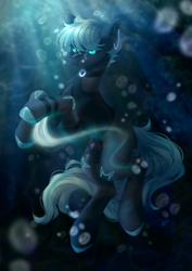 Size: 2480x3508 | Tagged: safe, artist:mian1205, oc, oc only, earth pony, pony, art trade, blue eyes, bubble, clothes, cloven hooves, crepuscular rays, dark, flowing tail, glowing eyes, high res, looking up, male, ocean, signature, smiling, solo, sunlight, swimming, underwater, water