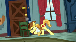 Size: 1920x1080 | Tagged: safe, screencap, braeburn, earth pony, pony, appleoosa's most wanted, g4, chair, door, male, pushing, solo, stallion