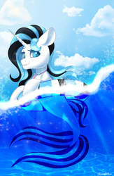Size: 1448x2222 | Tagged: safe, alternate character, alternate version, artist:wicked-red-art, oc, oc only, pony, seapony (g4), unicorn, blue eyes, cloud, commission, crepuscular rays, dorsal fin, fish tail, flowing tail, freckles, jewelry, looking at you, necklace, ocean, seaponified, sky, smiling, solo, species swap, sunlight, tail, underwater, water, ych result