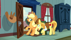 Size: 1920x1080 | Tagged: safe, screencap, applejack, braeburn, earth pony, pony, appleoosa's most wanted, g4, chair, door, female, male, mare, pushing, rump push, stallion