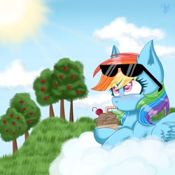 Size: 1509x1509 | Tagged: safe, artist:galaxy swirl, rainbow dash, pegasus, pony, g4, apple, apple tree, cloud, drinking straw, solo, sunglasses, tree