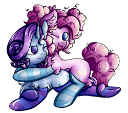 Size: 2757x2422 | Tagged: safe, artist:coco-drillo, pinkie pie, rarity, earth pony, pony, unicorn, g4, alternate hairstyle, bedroom eyes, chest fluff, clothes, commission, crossed hooves, ear fluff, female, high res, hug, laughing, lesbian, lying down, one eye closed, pigtails, pinkity, ship:raripie, shipping, simple background, smiling, socks, stockings, striped socks, thigh highs, transparent background, wink
