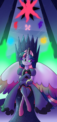 Size: 1180x2500 | Tagged: safe, artist:northernlightsone, twilight sparkle, alicorn, anthro, unguligrade anthro, g4, bad end, clothes, corrupted, corrupted twilight sparkle, crown, dress, evening gloves, evil twilight, female, fire, gloves, implied applejack, implied fluttershy, implied mane six, implied pinkie pie, implied rainbow dash, implied rarity, jewelry, long gloves, queen, queen twilight, queen twilight sparkle, regalia, socks, solo, sombra eyes, stockings, thigh highs, throne, twilight is anakin, twilight sparkle (alicorn), tyrant sparkle